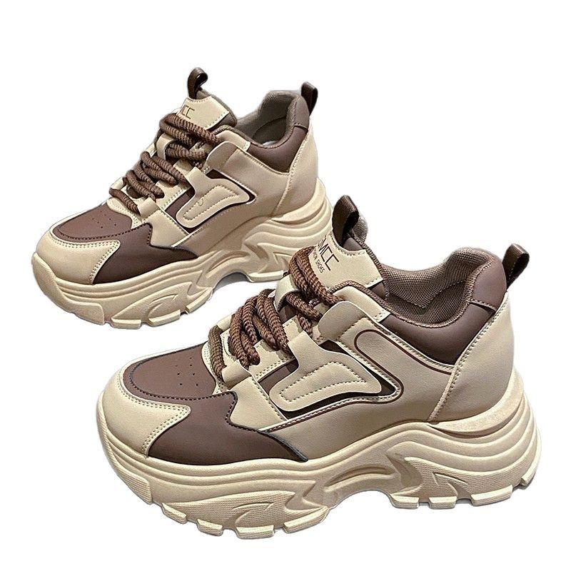 Inner heightening dad shoes women's new leather non-slip thick-soled women's shoes stepping on shit-feeling sneakers