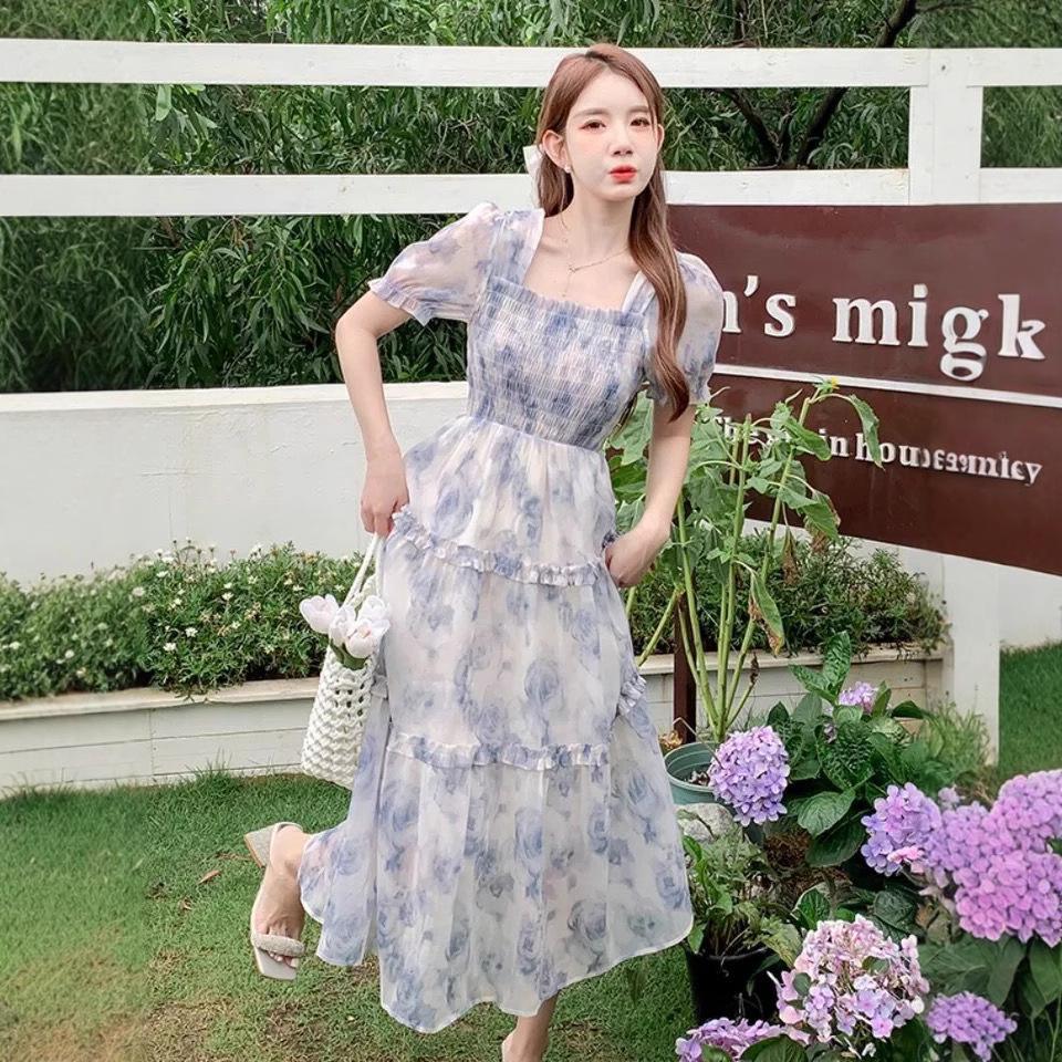New floral new French retro waist dress women's autumn thin long dress super fairy skirt