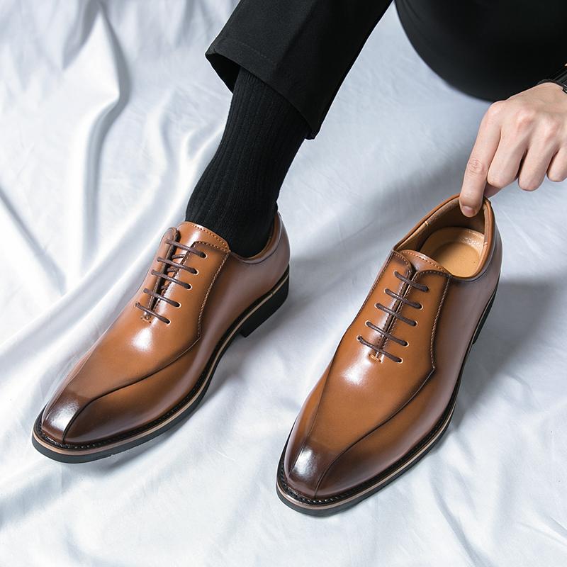 High-End Men's Brown Leather Shoes British Style Business Casual Heightening Spring Autumn Wear-Resistant Flat Heel Glue Bonding