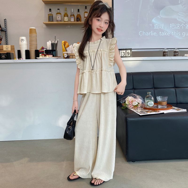 Girls Clothes Summer Kids Fashion Flouncing Tops & Pants Two Piece Set Children Sleeveless Suit Teenager Girl Outfits