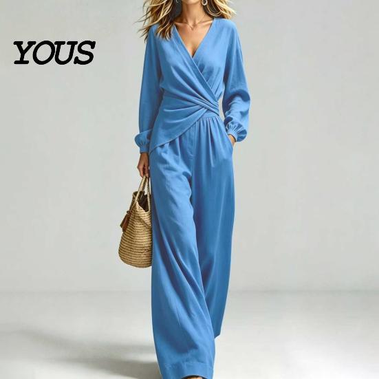 Women Two-piece Suit Women's Long Sleeve 2 Piece Sets, Irregular Hem V Neck Top Everyday Casual And Wide Leg Pants Matching Travel