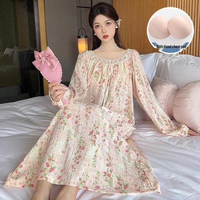 Women's Sweet Princess Pajamas: Cloud Cotton, Long Sleeve, Chest Pads, Medium-Length Nightdress, Perfect for Spring & Autumn Home or Casual Wear.