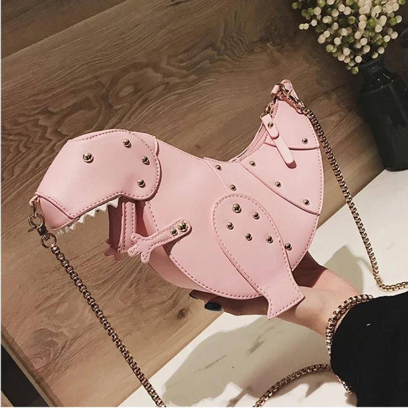 Moda Trendy Design Dinosauro 3D Borchie Pelle PU Borsa a Catena da Ragazza Borsa a Spalla Borsa Tote da Donna Borsa a Tracolla Mini Borsa Messenger con Patta