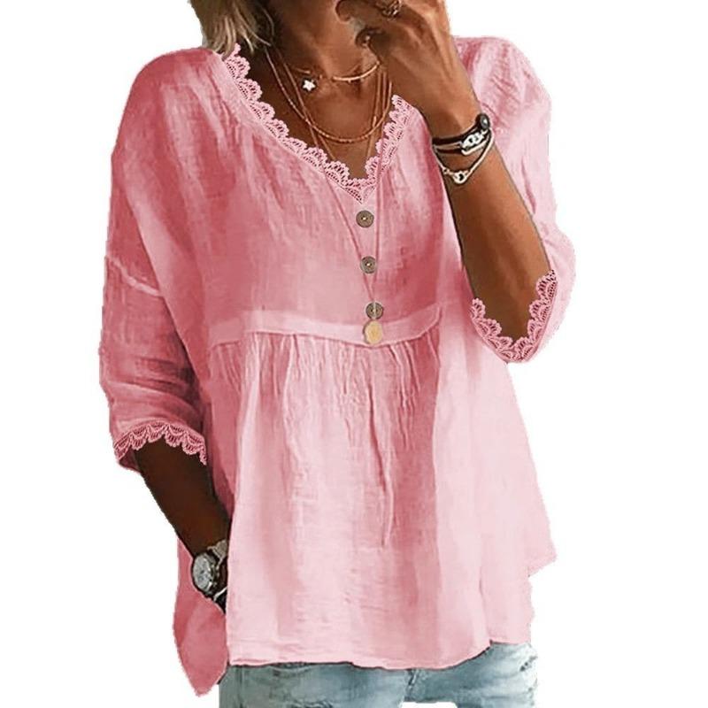Blusa pullover casual da donna con scollo a V, manica a 3/4 e finiture in pizzo