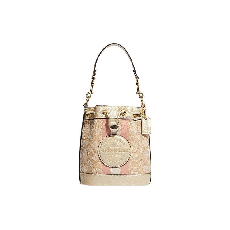 New COACH Dempsey Fabric Cow Leather Patchwork Bucket Bags Shoulder Bag Crossbody Bag Mini Women's Khaki CF440-IMV6D