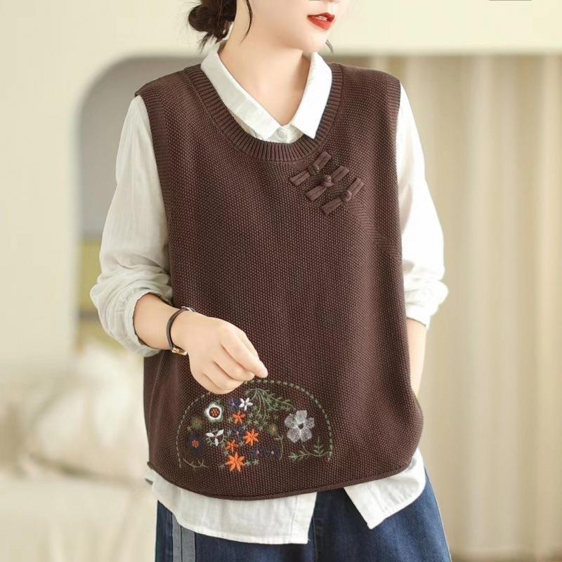 Vestă Tricotată de Damă, Nasturi Culturale, Brodată, Nouă de Primăvară și Toamnă, Vestă Pulover cu Gât Rotund
