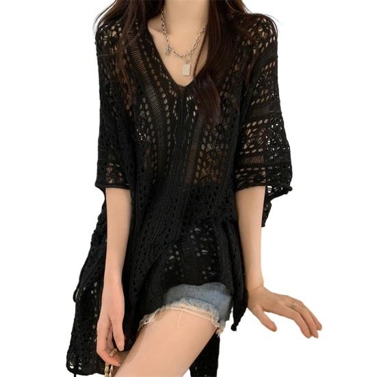 

Платье-накидка с V-образным вырезом и коротким рукавом, дышащее, свободного кроя, летние топы, пляжное бикини, накидка чёрный