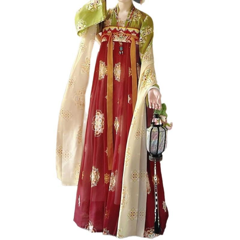 Traditional Chinese Tang Dynasty Style Hanfu Set Womens Wear Embroidered Printed Wrap Skirt Top With Scarf