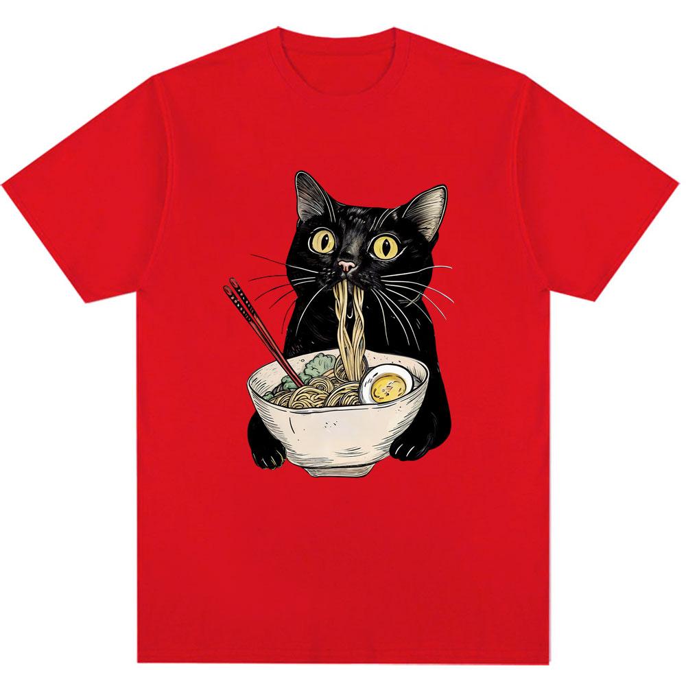 Funny Noodle Ramen Black Cat Graphic T-shirt Fashion Men's Women's Popular Short Sleeve Y2K Oversized Cotton T Shirts Streetwear