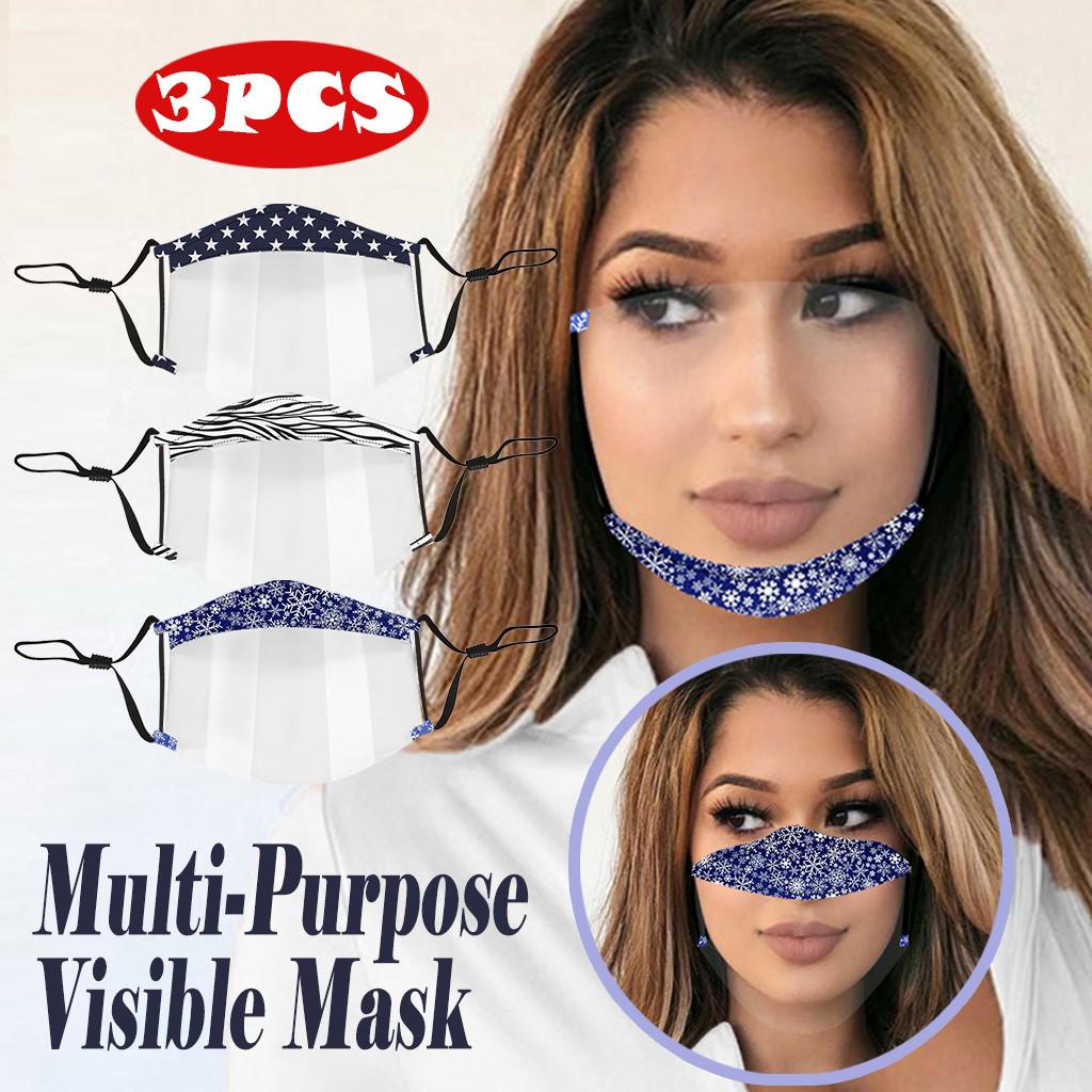 3Pc Prints Mask With Clear Window EXpression Visible Face Cover Mask