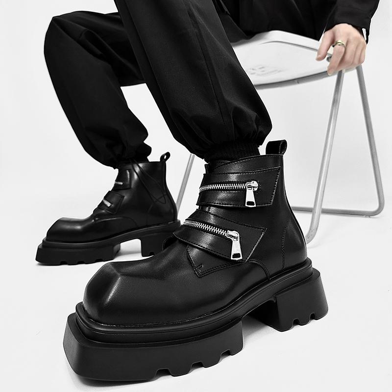 Fashion Derby Black Men's Boots Fashion Thick Bottom Height Increasing Style Outdoor Leisure Party Daily Trendy Youth Leather Shoes Hot