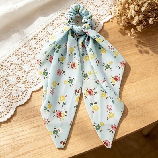 Women Hair Tie Floral Print Long Ribbon Chiffon Fabric Hair Rope Bun Half-Tied Hairstyles Ponytail Holder Hair Accessory