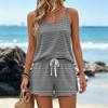 Women Summer Casual Two Piece Set Sleeveless Striped Print Tank Top Square Neck Sportswear with Pockets Shorts Lounge Outfit