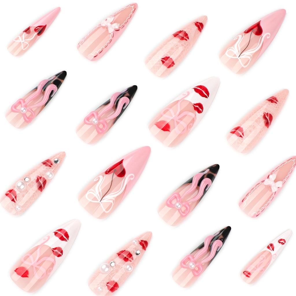 Hot Selling Sweet Pink Bow Fake Nails Red Lip Print Love Wear Nail Nail Art