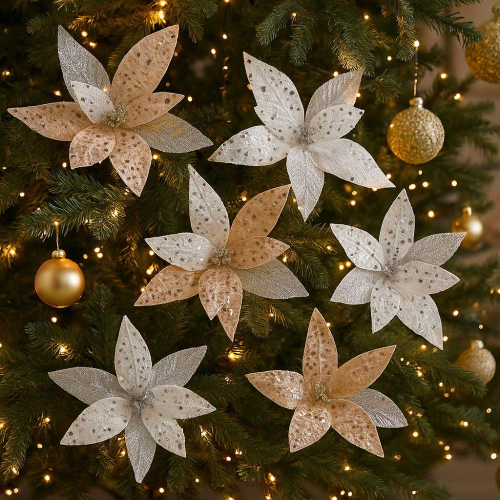 25cm Christmas Artificial Flowers Sequin Mesh Handmade Poinsettia Flower Hanging Realistic Xmas Tree Ornaments