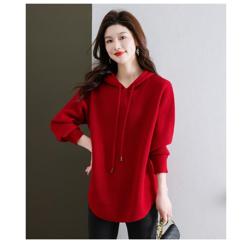 Podzim Zima Jednobarevný Volný Ležérní Pletený Top s Kapucí Dámský Vintage Stahovací Svetr