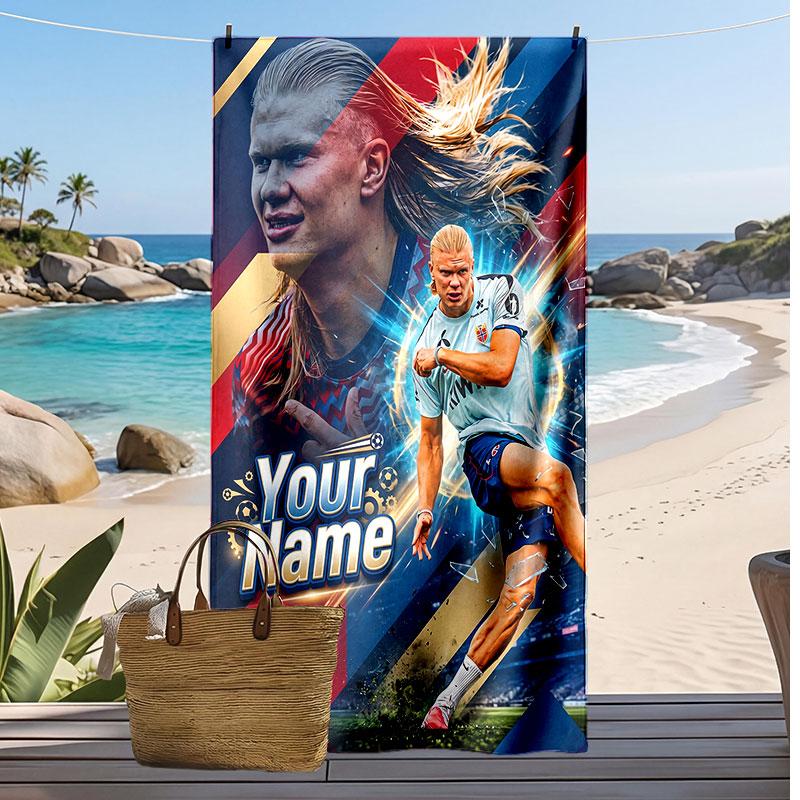 Asciugamano da Spiaggia Personalizzato Stampato Erling Haaland Logo Calcio Supporto Nome Personalizzato Testo Asciugamano Assorbente Per Sport Viaggio Regalo Speciale