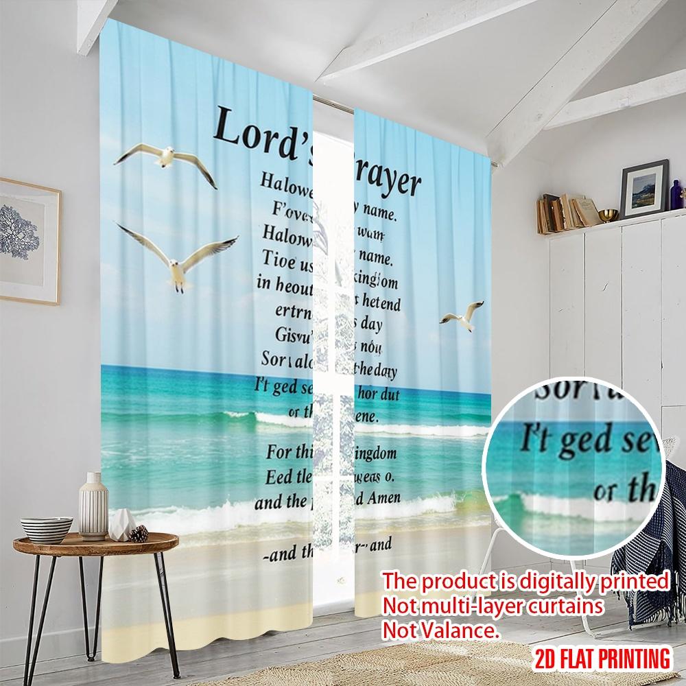 2 Stück 2D Flachdruck Vorhang Vaterunser Strand Möwe Stoff Ohne Strom Festliche Vorhänge für Festliche Porträts und
