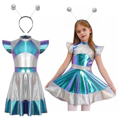Dziecięcy dziewczęcy kostium na Halloween, kosmita, cosplay, słodka sukienka, kosmita, z zabawnym akcesorium do włosów w kształcie obręczy