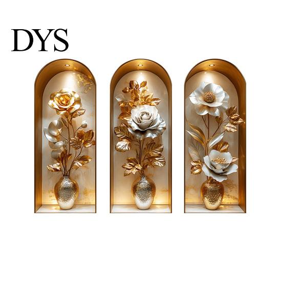 Easy Install Wall Sticker 3 Pcs 3D Vase Stickers Vintage Flower Art Space Extension Self-Adhesive Colorful Floral Blossom Decals for Bedroom