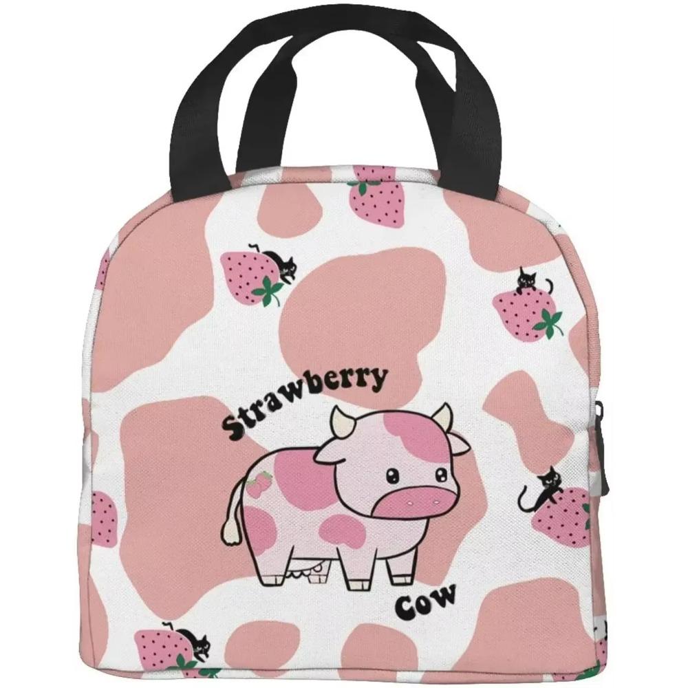Pink Cartoon Cow Print Women Insulated Lunch Bag Milk Reusable Water-Resistant Cooler Lunch Tote Box Portable Bag