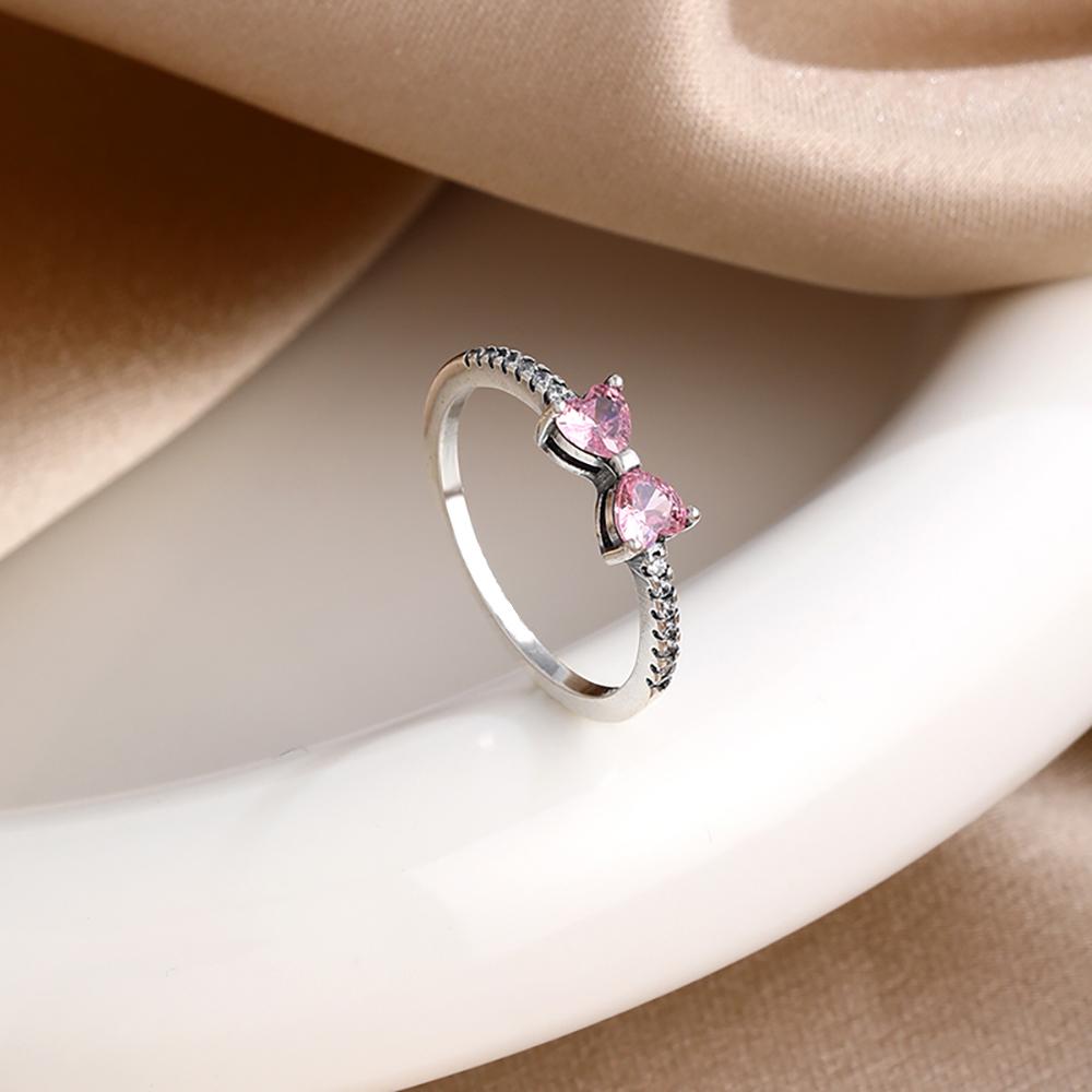 925 Silver Red Pink White bows Ring For Women Jewelry Open Design Wedding Party Fashion Gift