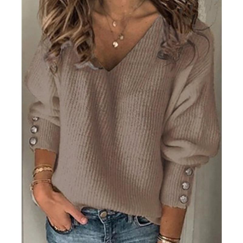

Осенняя новая женская футболка с длинным рукавом, свободный модный женский свитер с V-образным вырезом, однотонная блузка DL0449 3XL хаки
