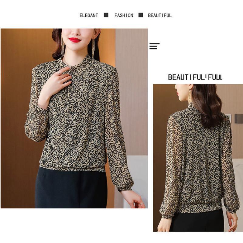 Spring Autumn New Temperament Chiffon Bottoming Shirt Women's Fashion Stand Collar Print Long Sleeve Blouse M-4XL