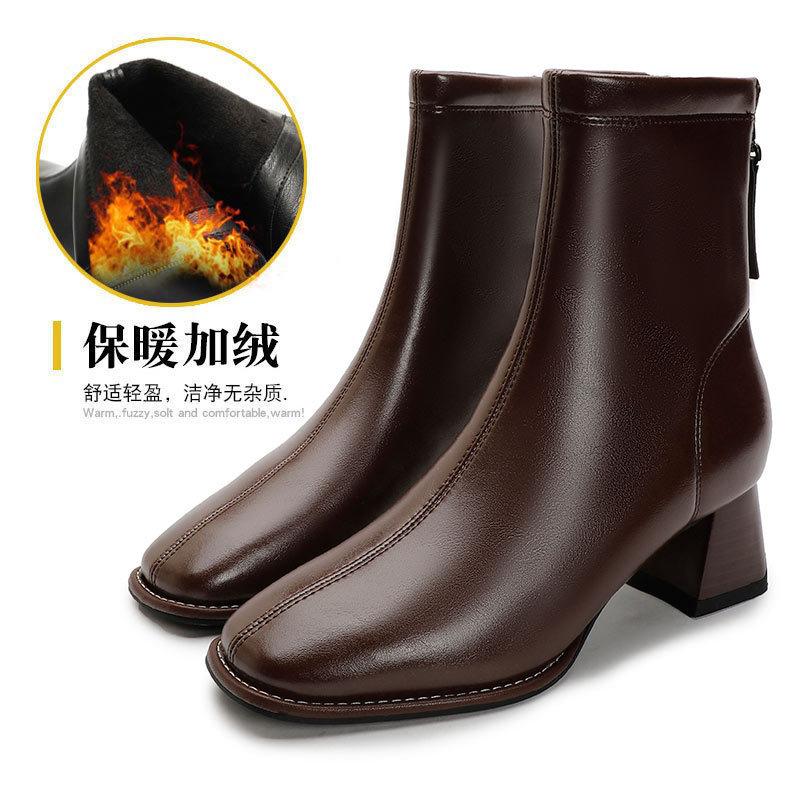 

Square head short boots women s spring and autumn single boots high heel 2024 new boots brown rear zipper soft leather thick heel thin boots 39