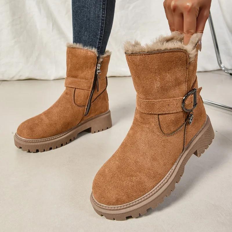 Fashion 2025 Brand Ladies Shoes Mid-Calf Women's Boots Fashion Belt Buckle Daily Winter Plus Velvet Keep Warm Comfortable Snow Boots