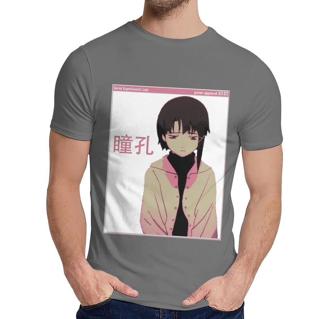 Round Collar Serial Experiments Lain Sad Japanese Anime Aesthetic T Shirt Casual For Male Slim Top