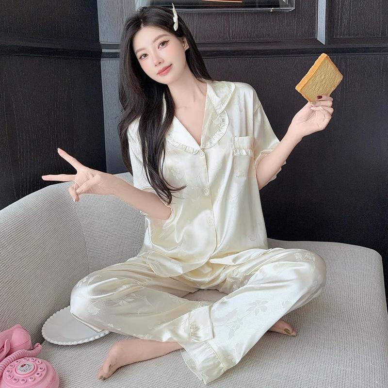 French Girl Ice Silk Jacquard Short-Sleeved Trousers Cool Pajamas Summer Thin Two-Piece Lace Loungewear M