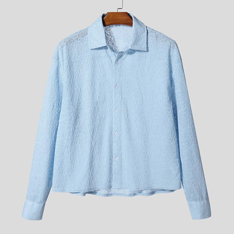INCERUN Men Lapel Neck Long Sleeve Button Up Lace Casual Oversized Shirts Tops