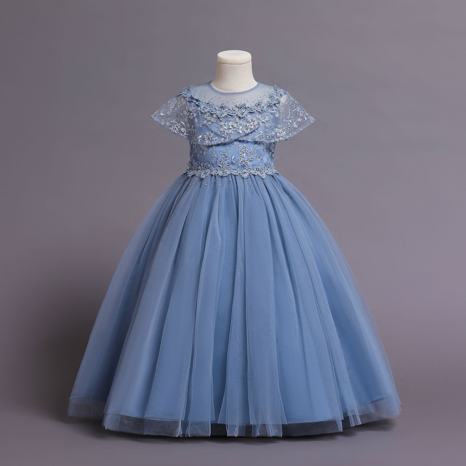 Robe Enfant Bouffante Fille Robe Princesse Soirée Longue Brodée Vêtements de Soirée Vacances Bal Robe Filles Pour l'Aïd 120 bleu