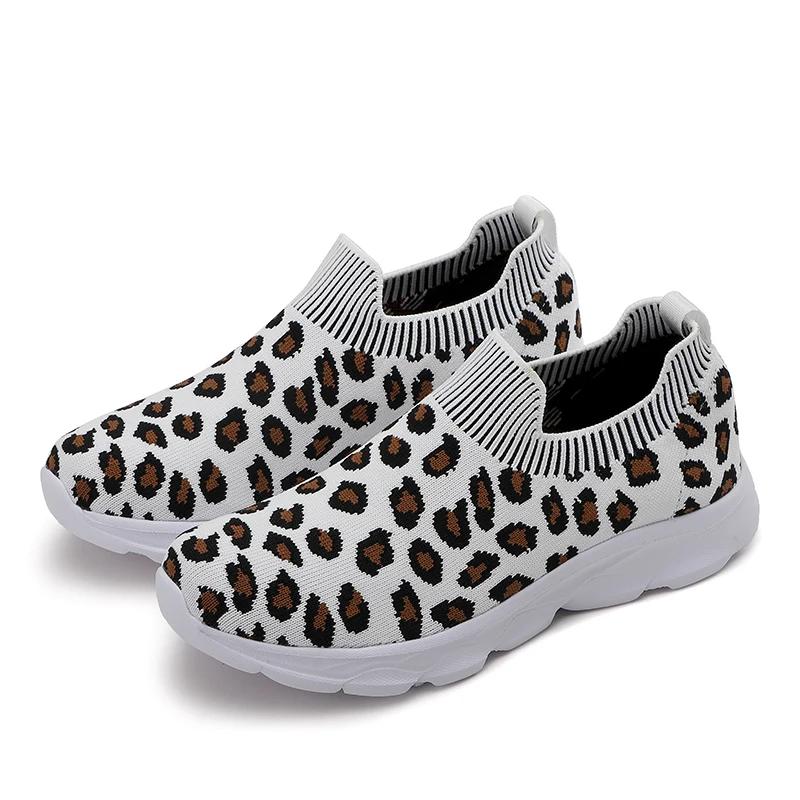 

Модная женская обувь с леопардовым принтом для женщин, кроссовки, мокасины из эластичной ткани с круглым носком, дышащая повседневная обувь для женщин 35