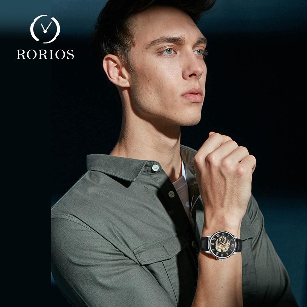 RORIOS Klokke Mekanisk Klokke Automatisk opptrekk Stilig ekte skinnbånd Lysende Klokke Analog Skjerm Openwork Business Casual Populær klokke for