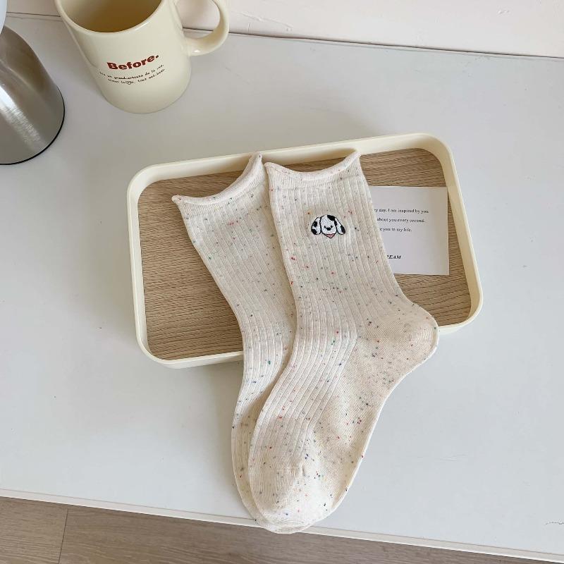 Spring and Autumn Lovely Cartoon Puppy Embroidered Socks - Children's Mid-length Socks with Trendy Rolled Edges and No Bones - Long Socks