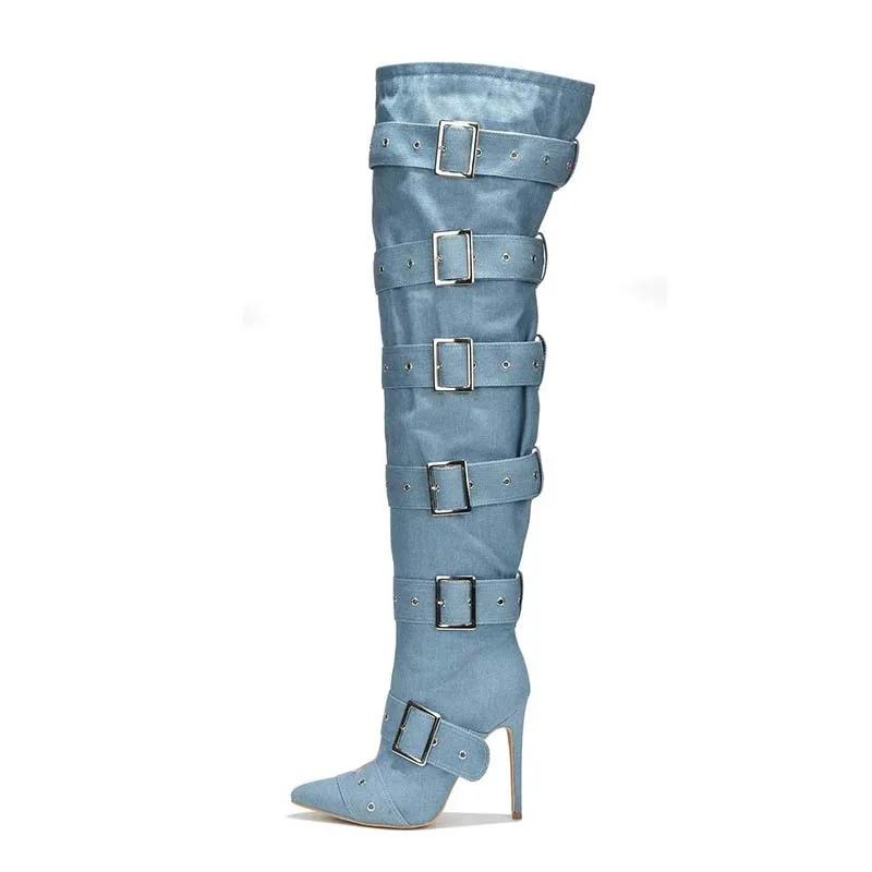 Blue Denim Sexy Sliver Buckled Thigh High Boots Women's Black Leather Pointed Toe High Heels Long Boot Luxury Design Party Shoes