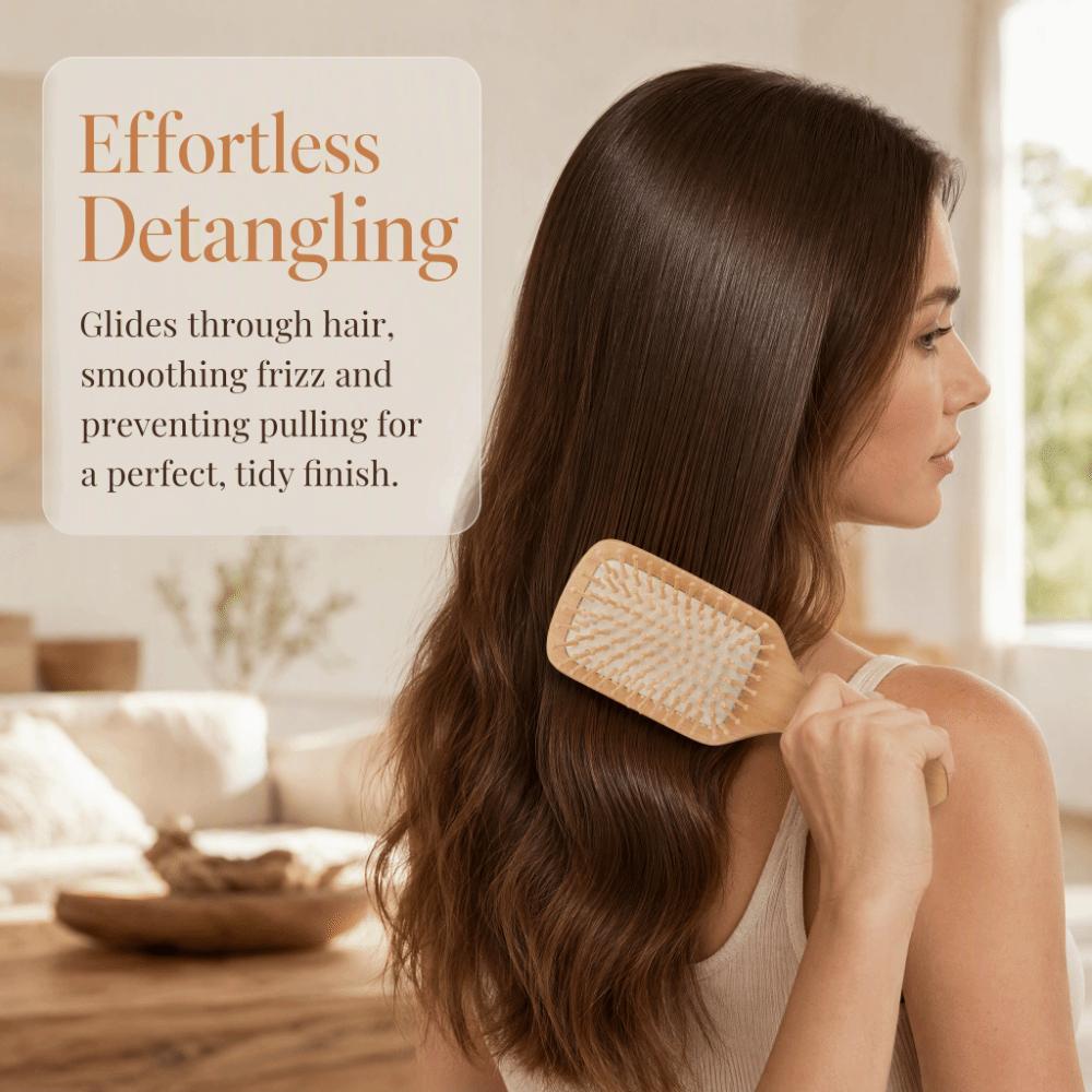 Bamboo Bristles Detangling Paddle Brush Ergonomic Handle Scalp Massage Brush Blow Drying