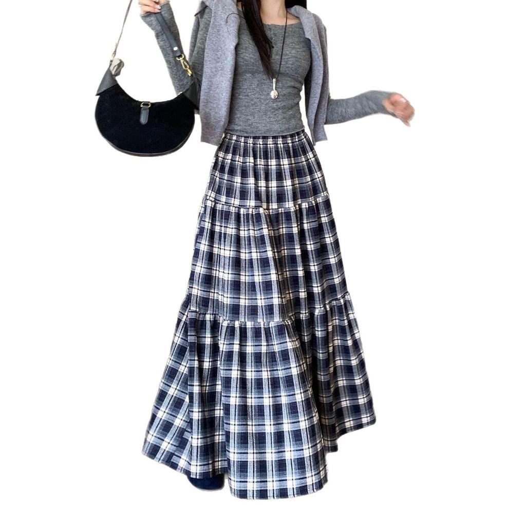2025 Women's Retro Plaid High-Waisted A-Line Patchwork Slimming Mid-Length Skirt
