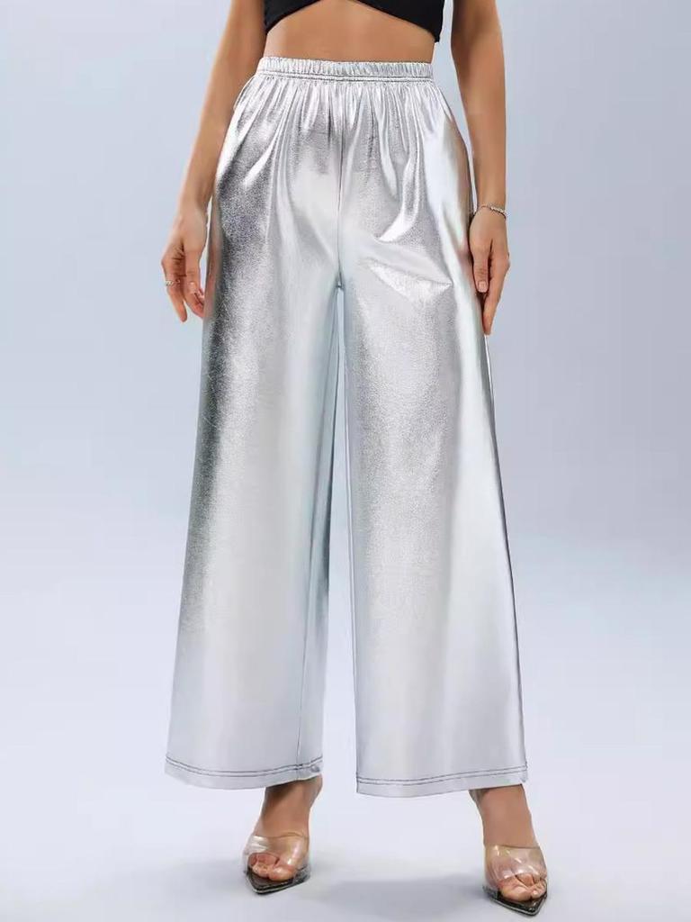 New Summer Women's Pants, Silver Foil Loose High Waist Wide Leg Casual Pants
