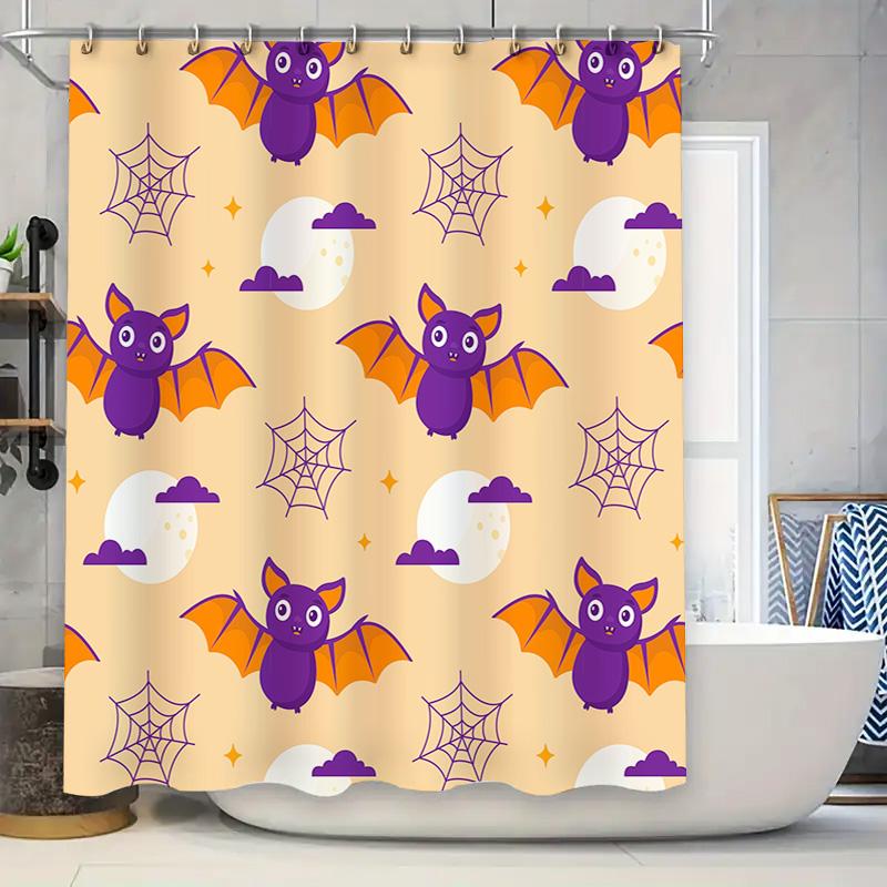 Halloween Fledermäuse Spinnennetz Mond Duschvorhang Lila Gelb Dekor Duschvorhang Wasserdichter Stoff Für Küche Badezimmer Heimdeko