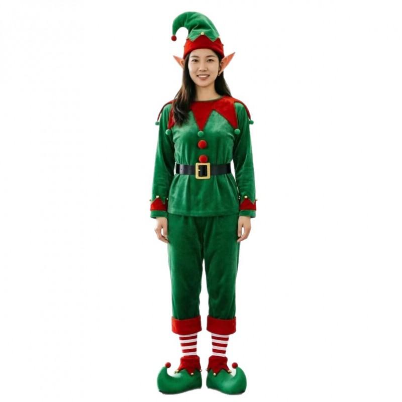Unisex Velvet Elf Costume Set Christmas Party Cosplay Holiday Performance Green
