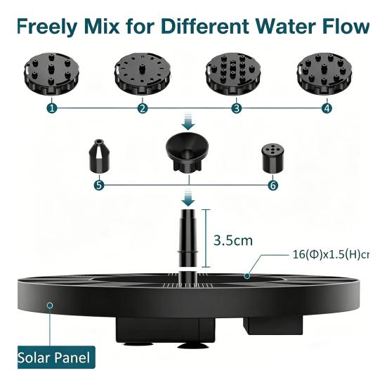 2.5W Solar Bird Bath Fountain Pump with 6 Nozzle Spray Modes