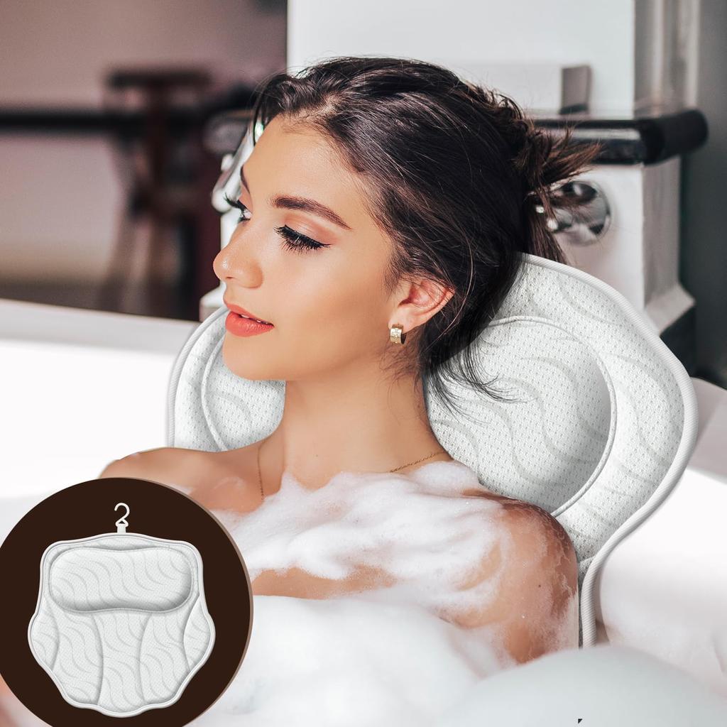 Bath Pillow Luxury Bathtub Pillow - Bath Pillows for Tub Neck and Back Support, Ergonomic Tub Pillow for Bath with 6 Powerful Suction Cups, Fits All