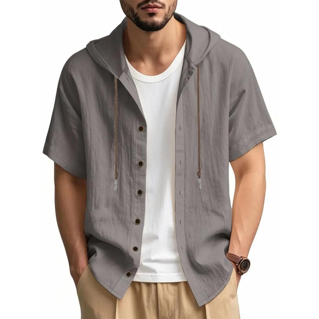 Men's Cotton Linen Shirt Short Sleeve Breathable Lightweight Solid Color Drawstring Hooded Shirts Casual Classic Simple Tops