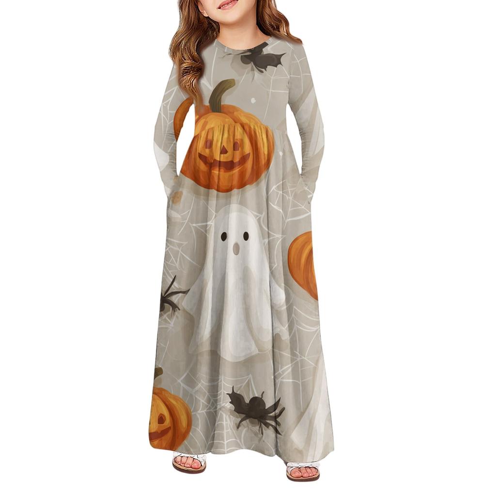 Girls' Maxi Dress Halloween Day- Long Sleeve Pocket Dress