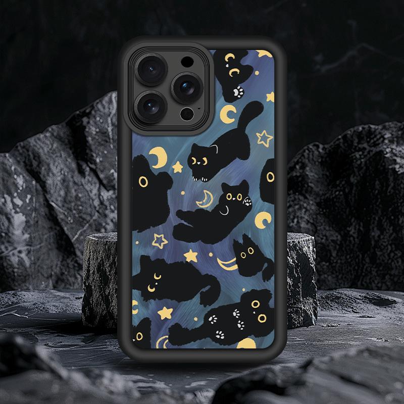 Sternenhimmel Schwarze Katze Neues Design Matt Frosted Niedliche Partner Handyhülle für iPhone 17 16 15 14 Plus 13 12 11 Pro Max Hülle