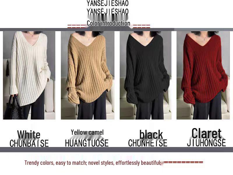 Women's European High-End V-Neck Wool Pullover - 100% Pure, Mid-Length, Loose-Fit, Thickened Knit Sweater