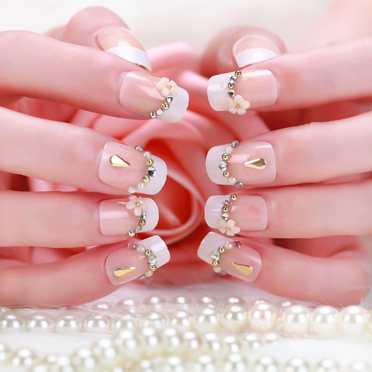 

Элегантные свадебные французские накладные ногти - Многоразовые и съемные наклейки для нейл-арта